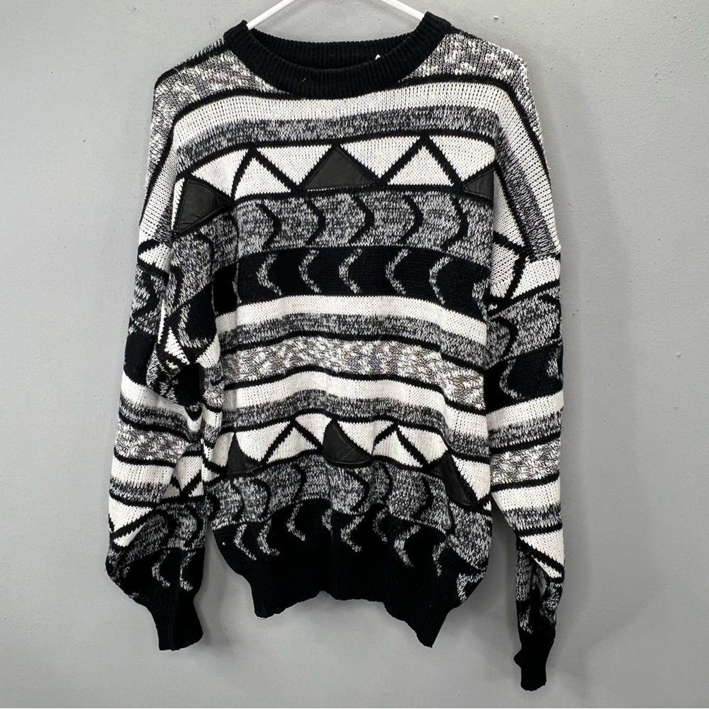 Vintage Exchange Unlimited Sweater Chunky Black White Leather Trim XL Men 1990s